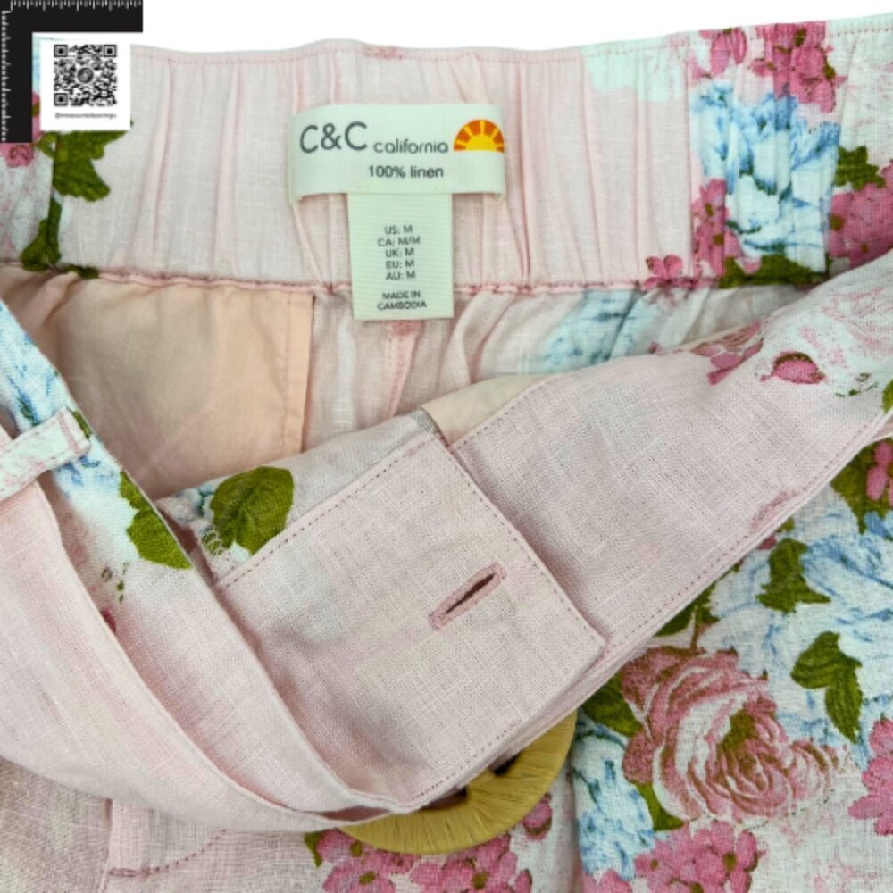 C&C California (NWT Medium)  Pink 100% Linen Belted Floral Shorts - 3" Inseam - Picture 5 of 9